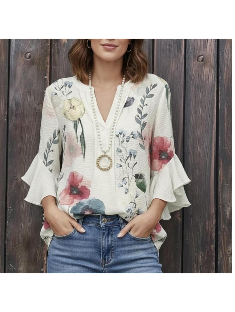 Women's Floral Print Ruffle Sleeve Blouse